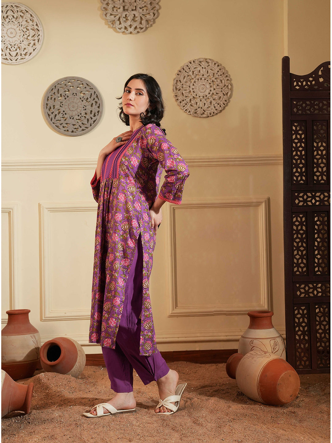 Purple Cotton A-Line Kurta Set