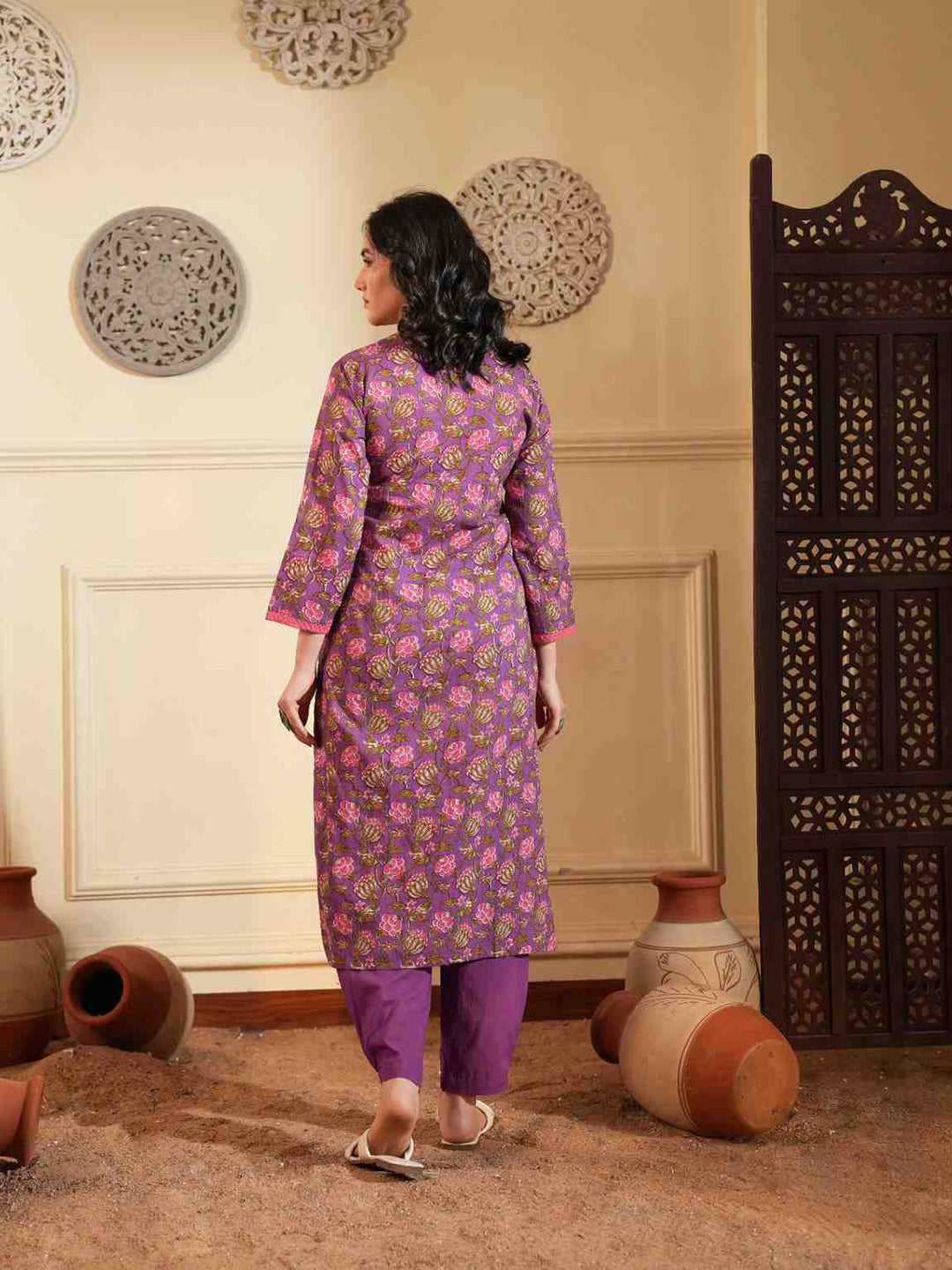 Purple Cotton A-Line Kurta Set