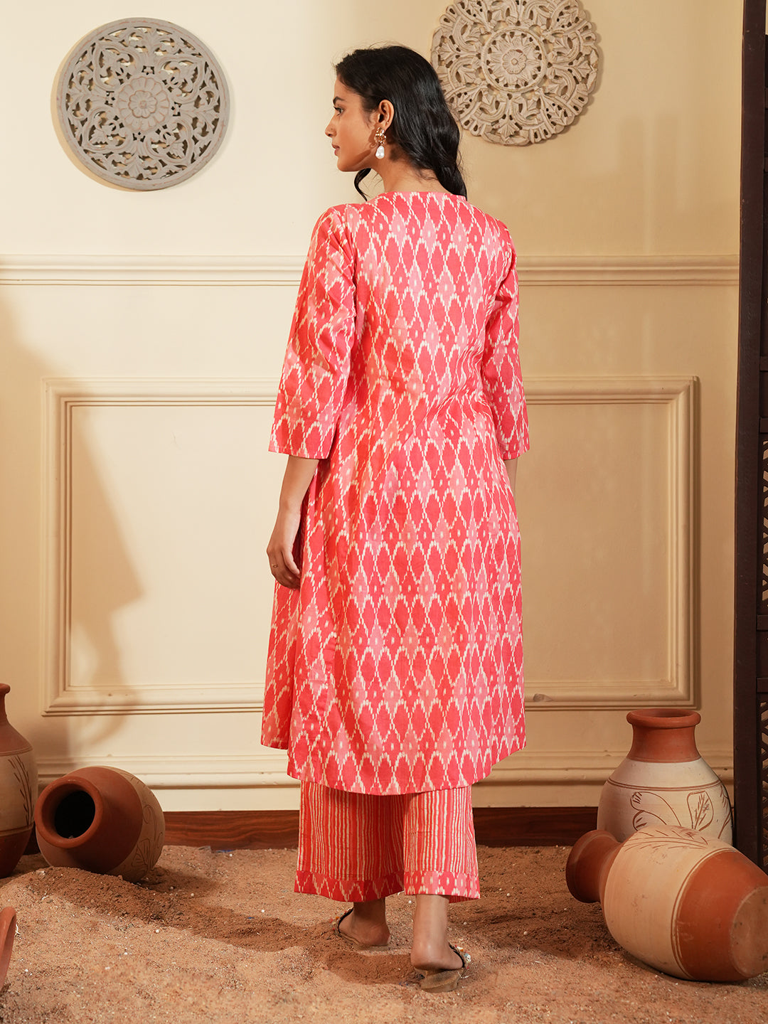 Red Ikkat Lace Stripe Cotton Kurta Set