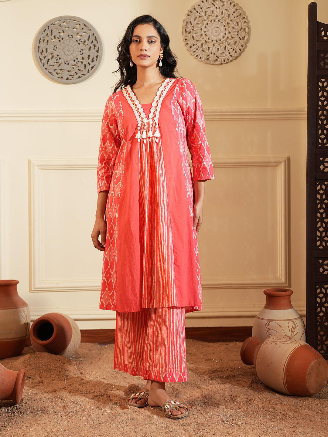 Red Ikkat Lace Stripe Cotton Kurta Set