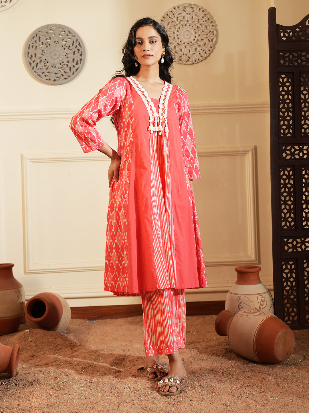 Red Ikkat Lace Stripe Cotton Kurta Set