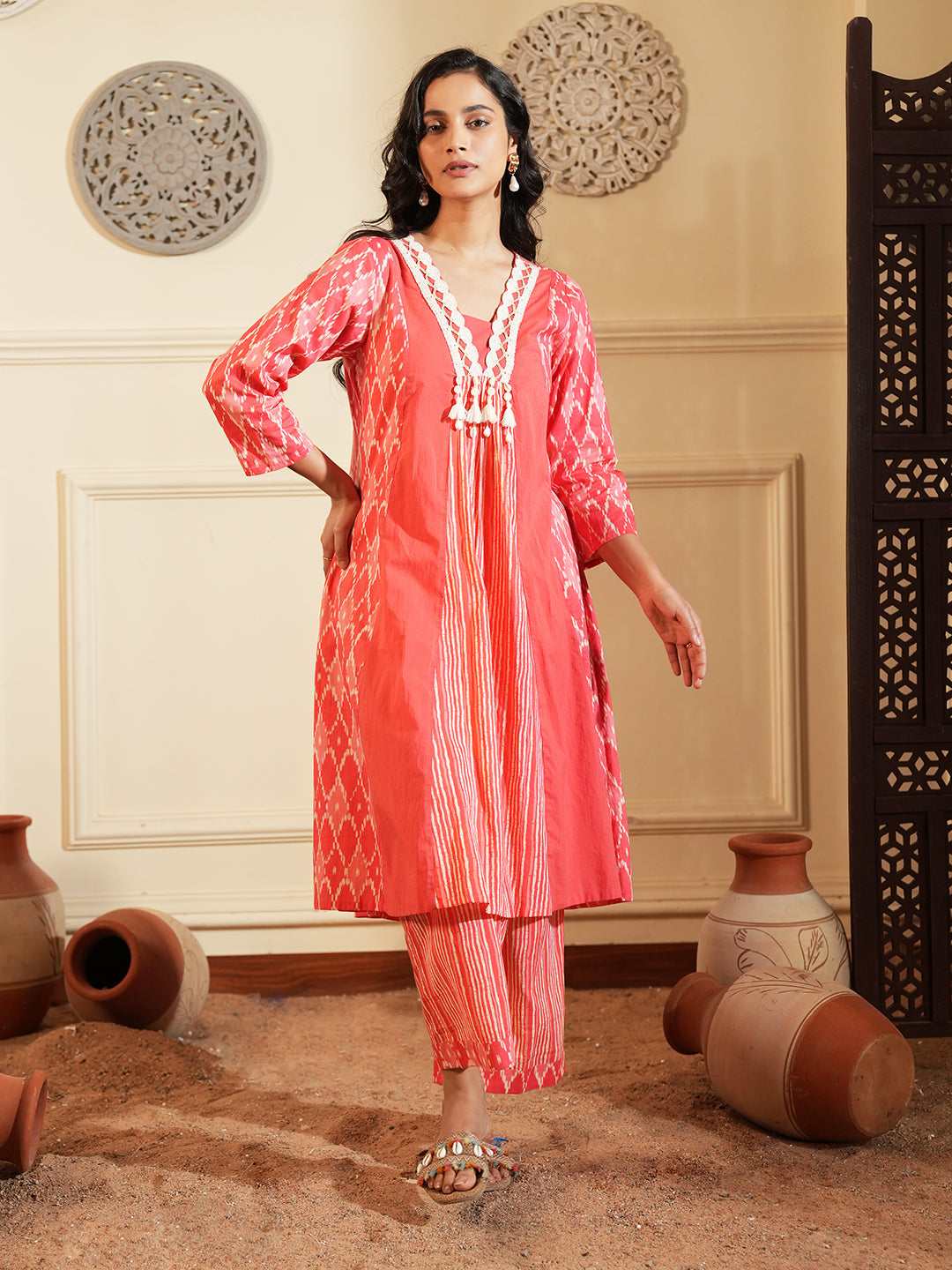 Red Ikkat Lace Stripe Cotton Kurta Set