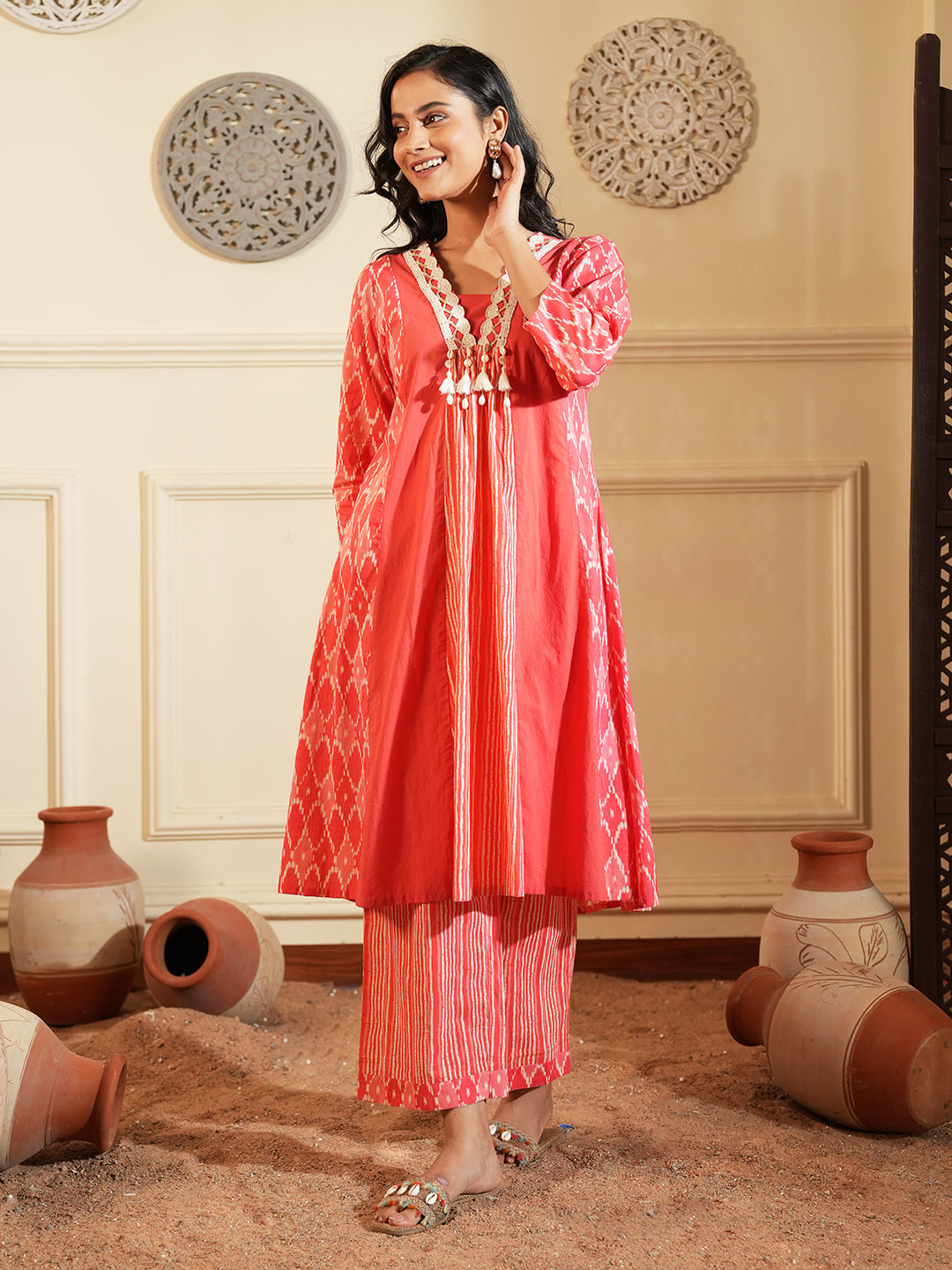 Red Ikkat Lace Stripe Cotton Kurta Set
