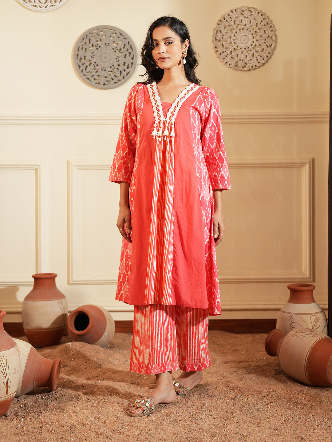 Red Ikkat Lace Stripe Cotton Kurta Set