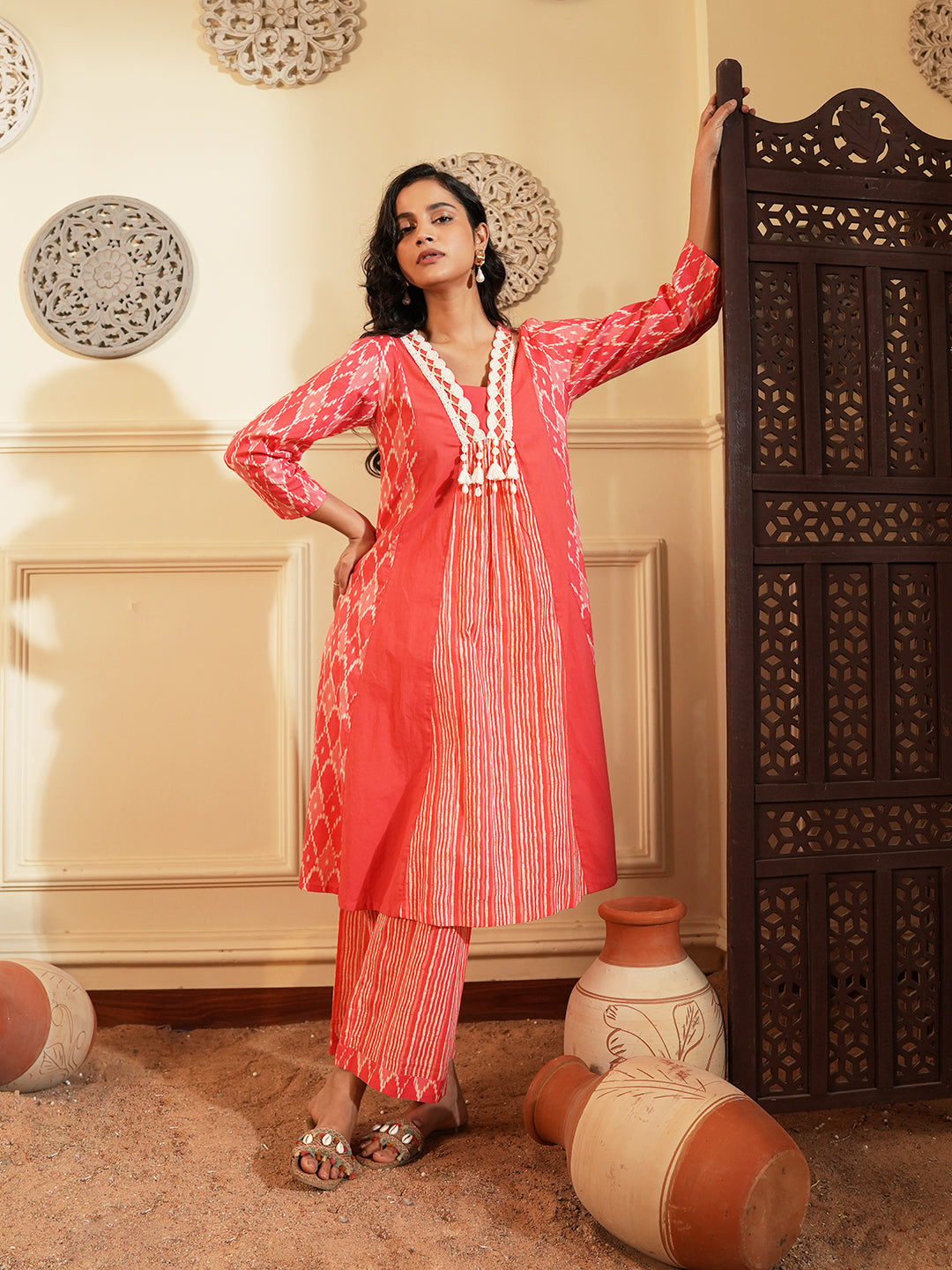 Red Ikkat Lace Stripe Cotton Kurta Set