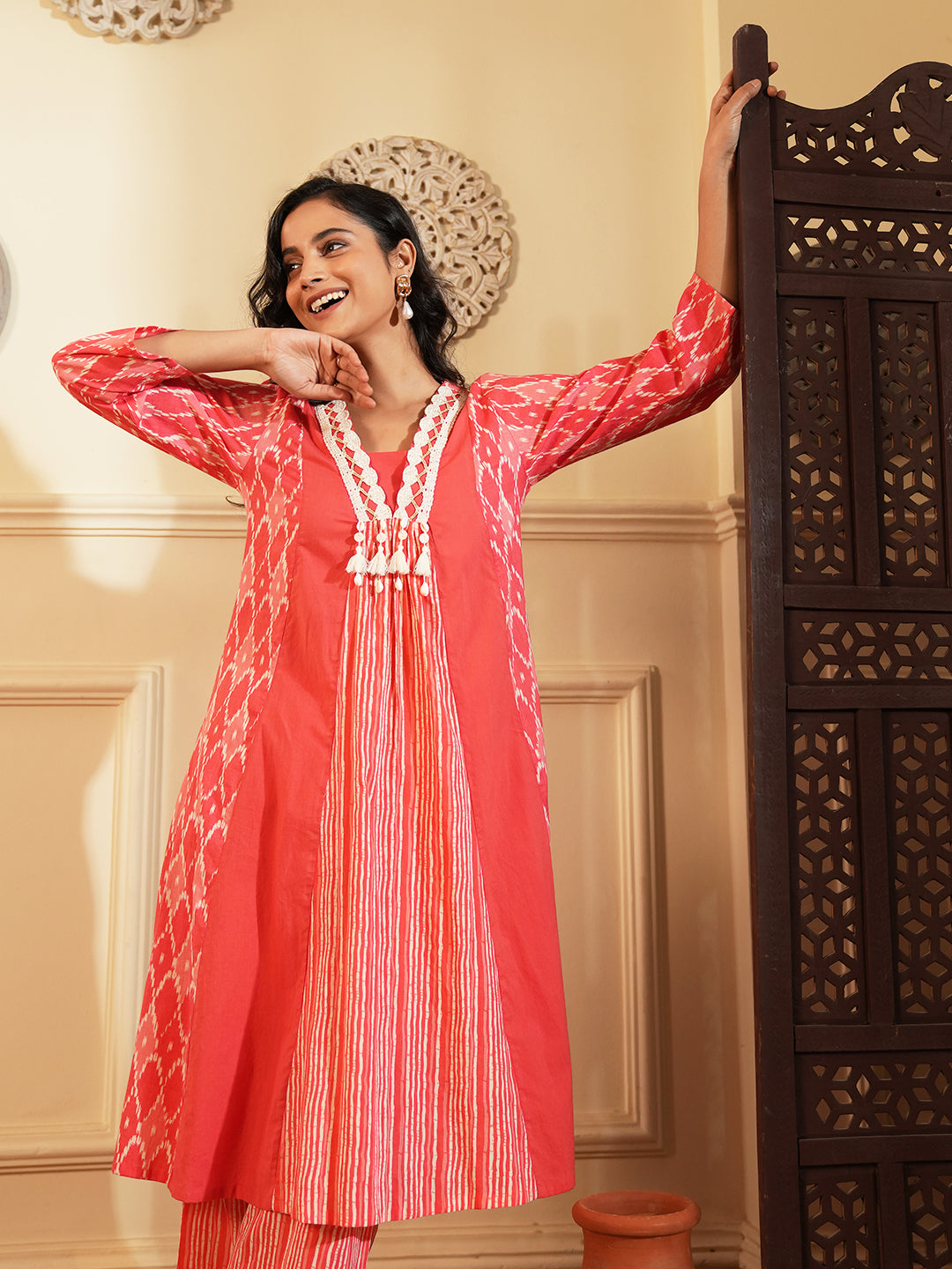 Red Ikkat Lace Stripe Cotton Kurta Set