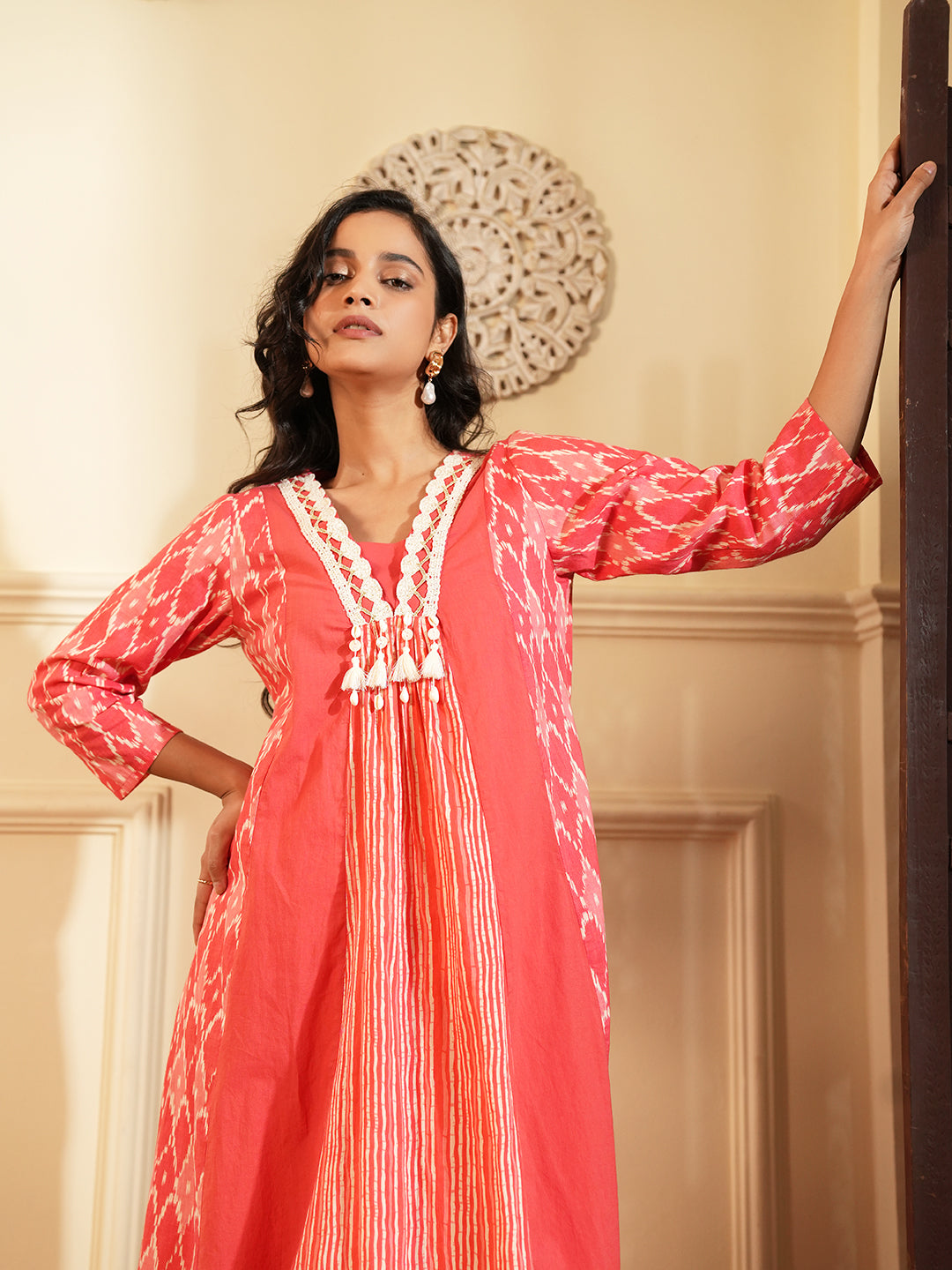 Red Ikkat Lace Stripe Cotton Kurta Set