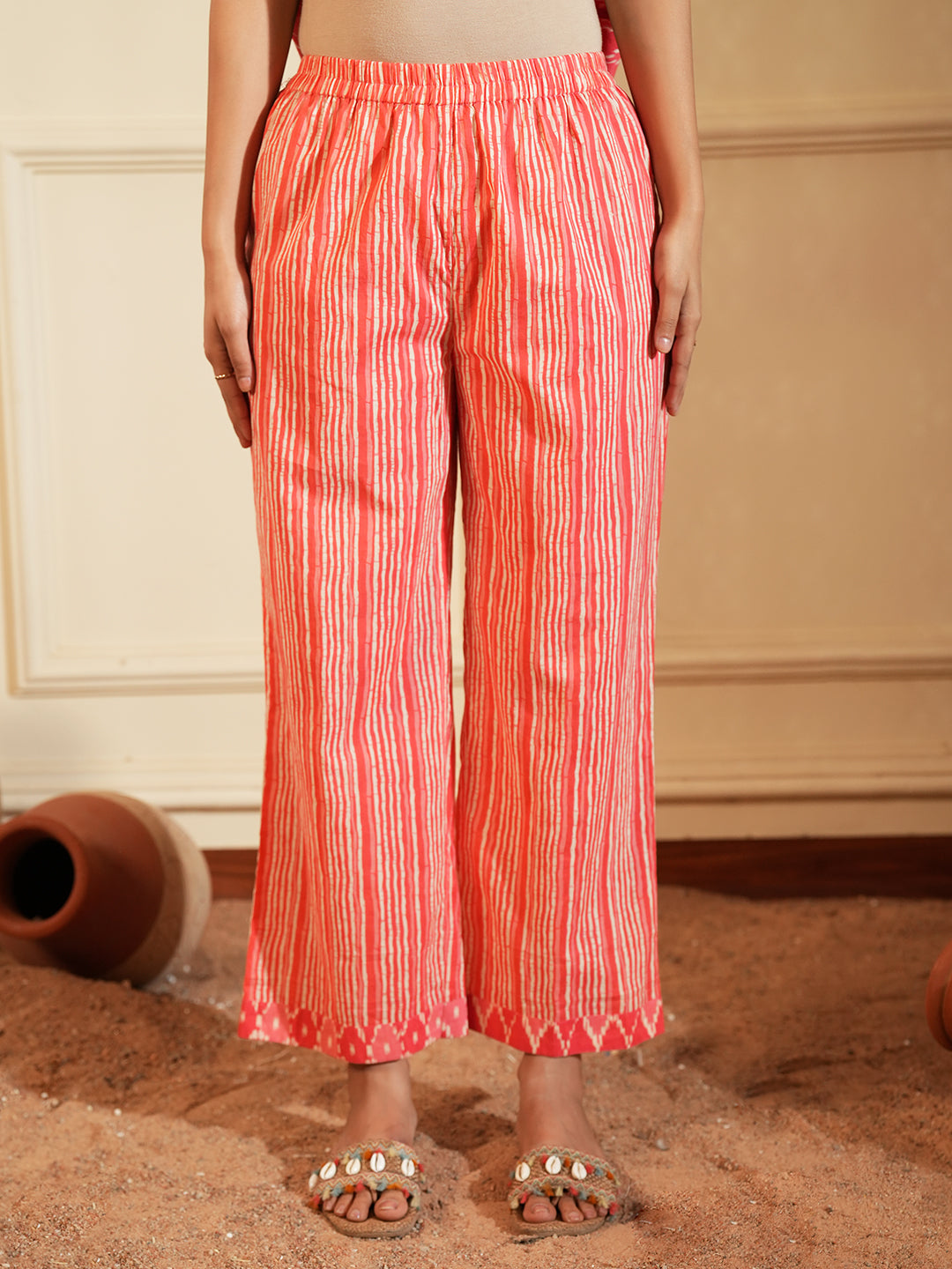 Red Ikkat Lace Stripe Cotton Kurta Set