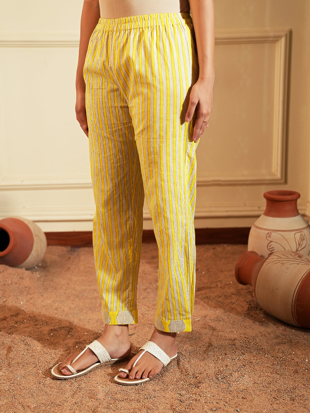 Yellow Palm Stripe Cotton Kurta Set