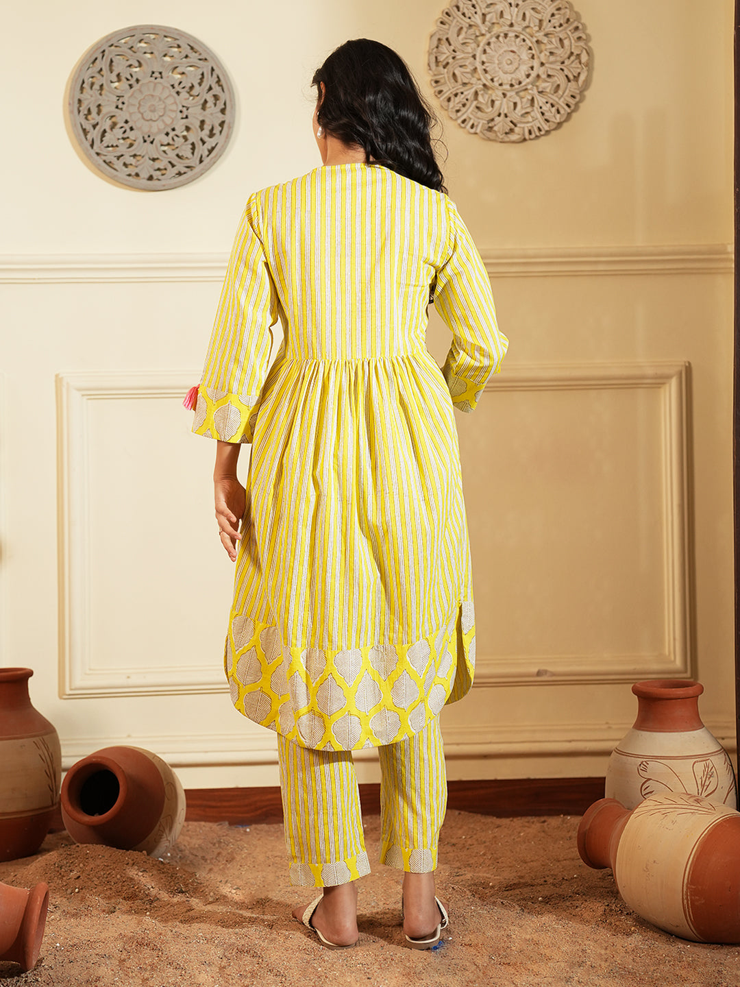 Yellow Palm Stripe Cotton Kurta Set