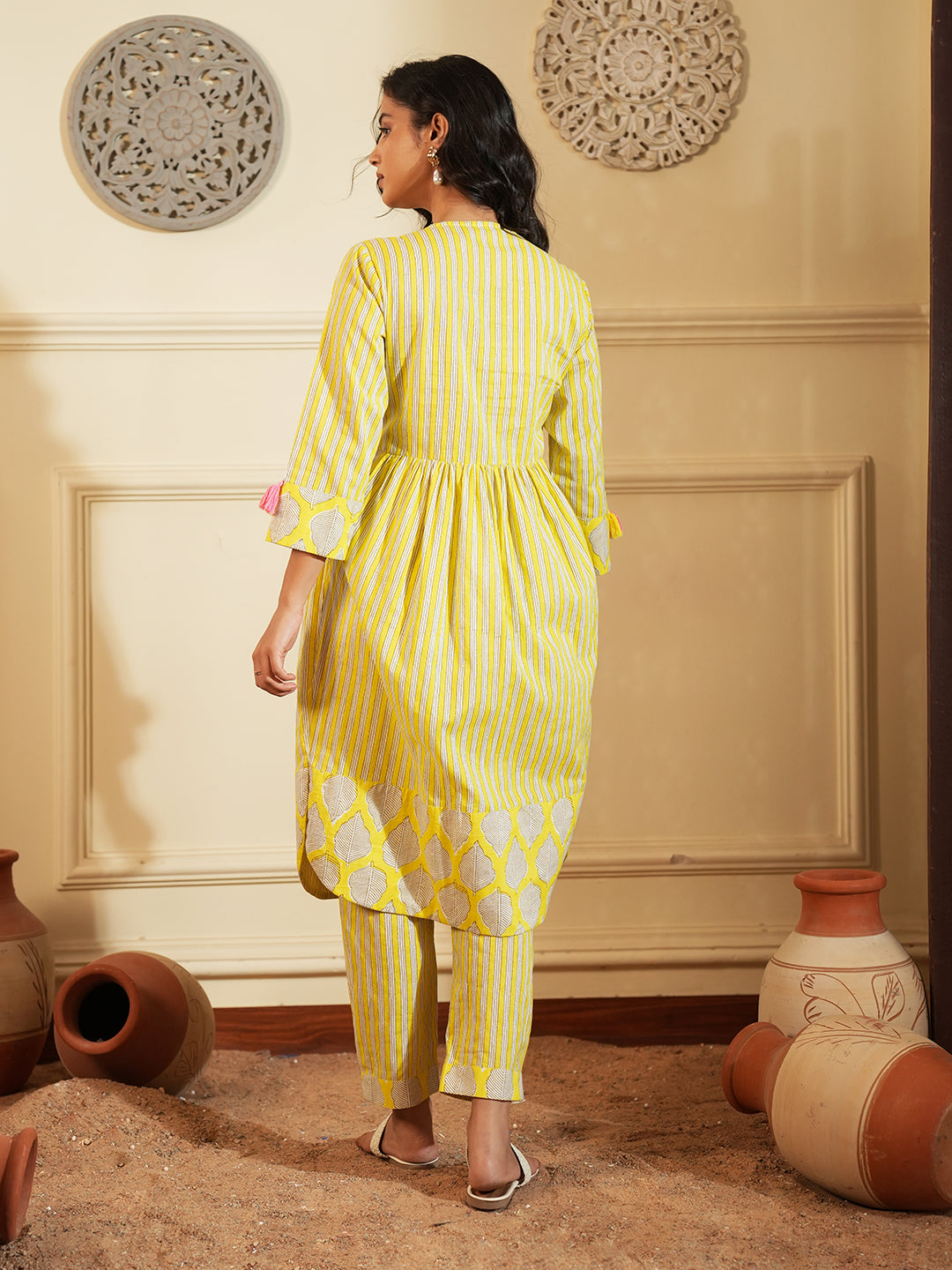 Yellow Palm Stripe Cotton Kurta Set