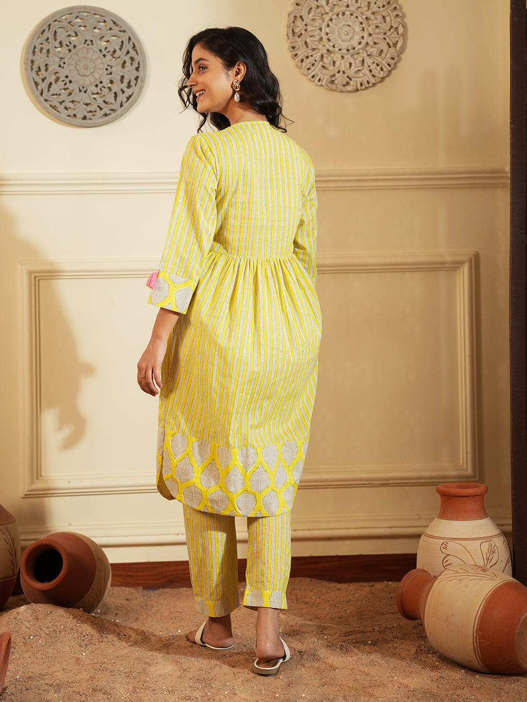 Yellow Palm Stripe Cotton Kurta Set