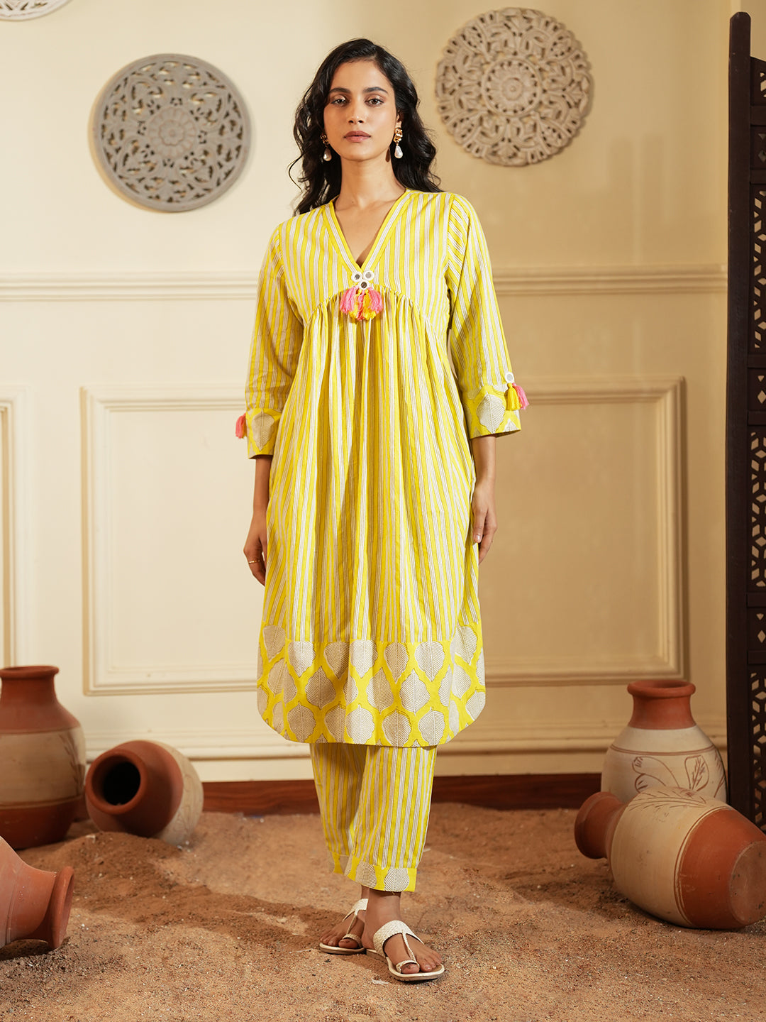 Yellow Palm Stripe Cotton Kurta Set
