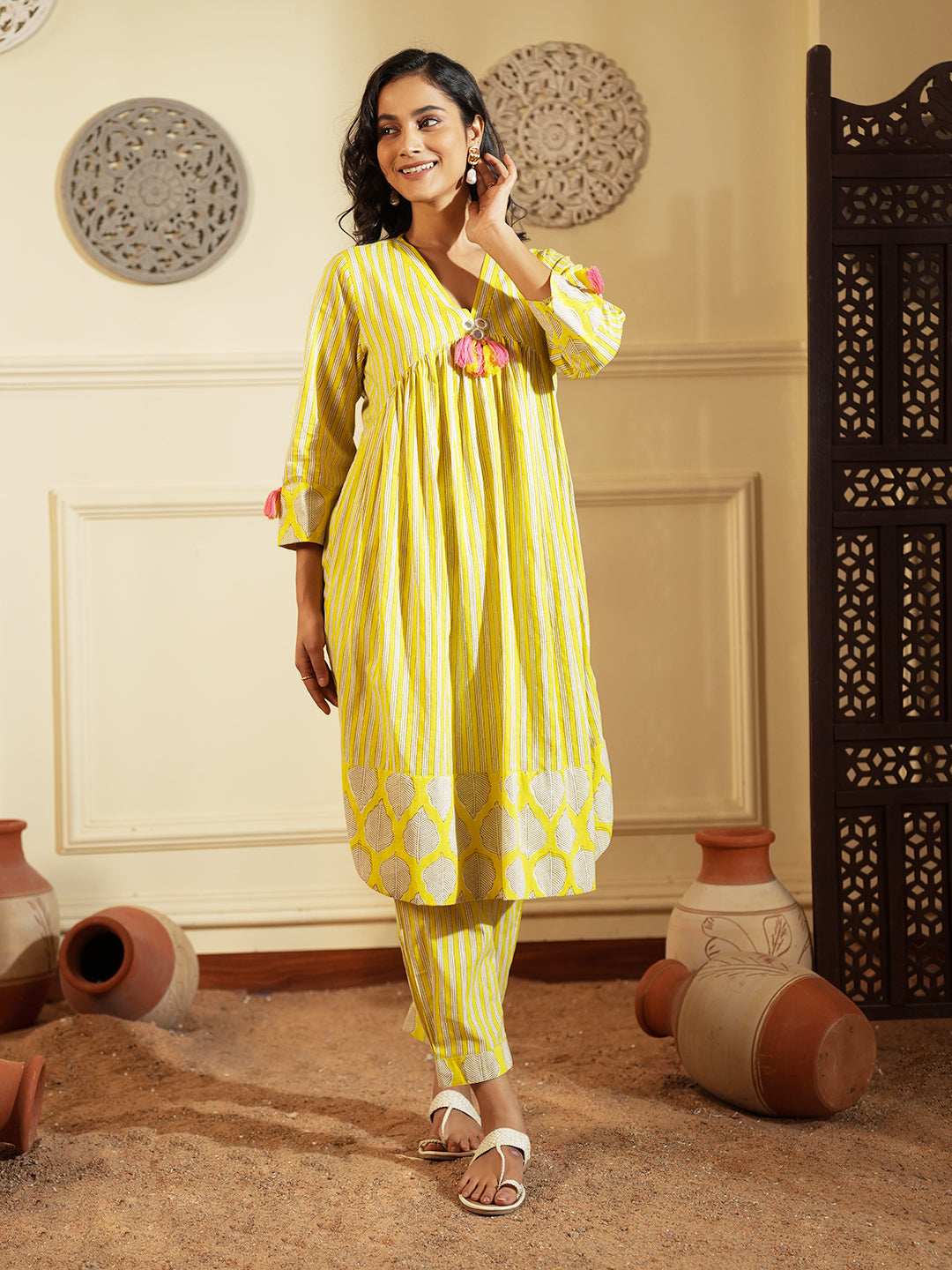 Yellow Palm Stripe Cotton Kurta Set