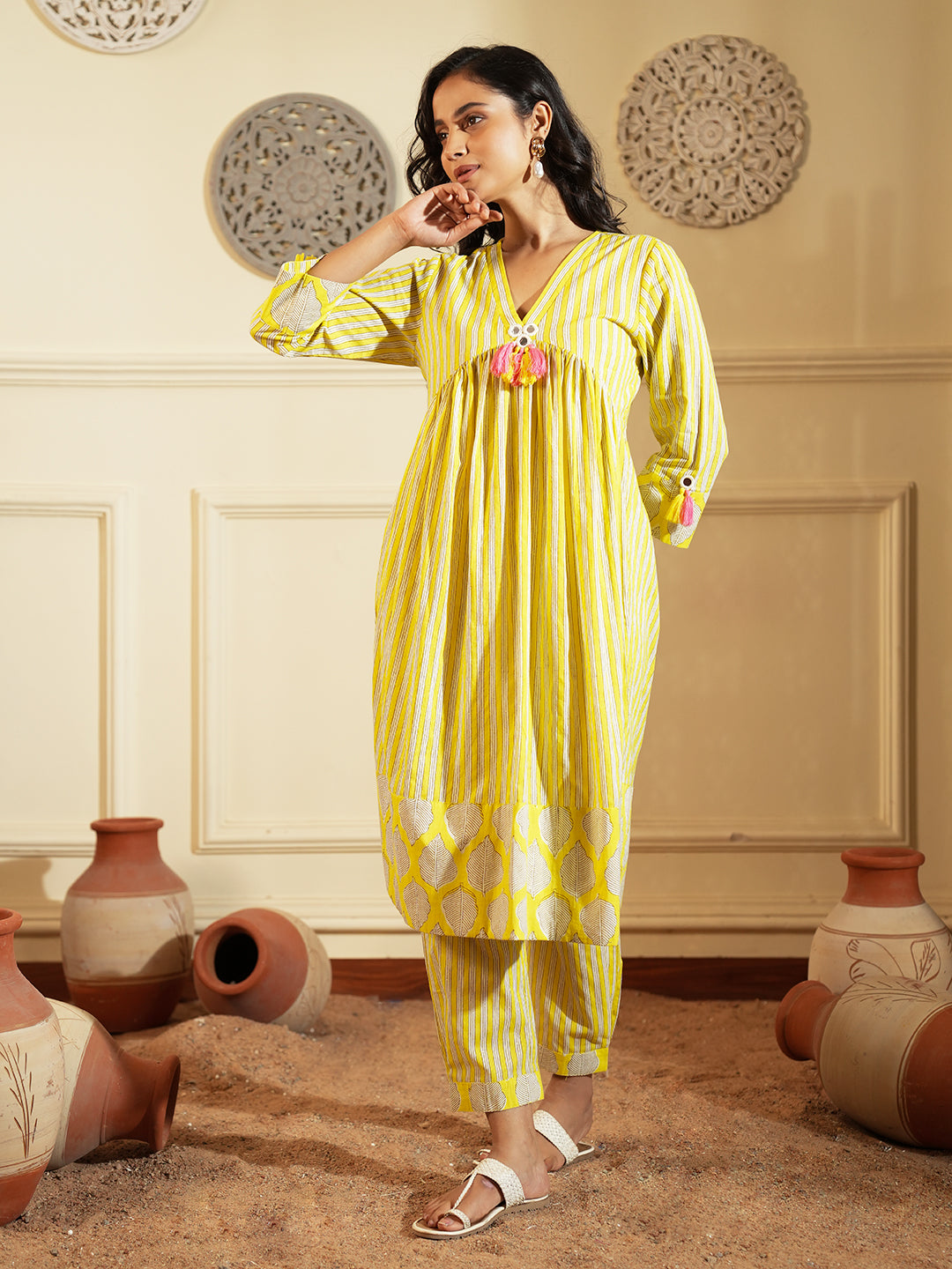 Yellow Palm Stripe Cotton Kurta Set