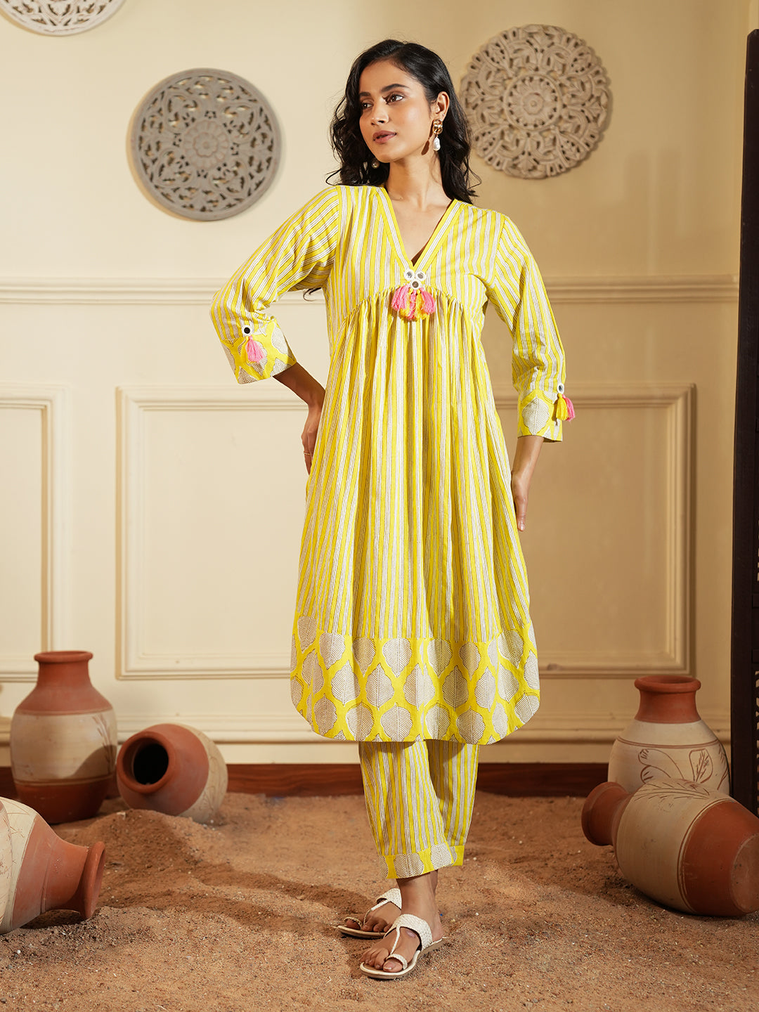 Yellow Palm Stripe Cotton Kurta Set