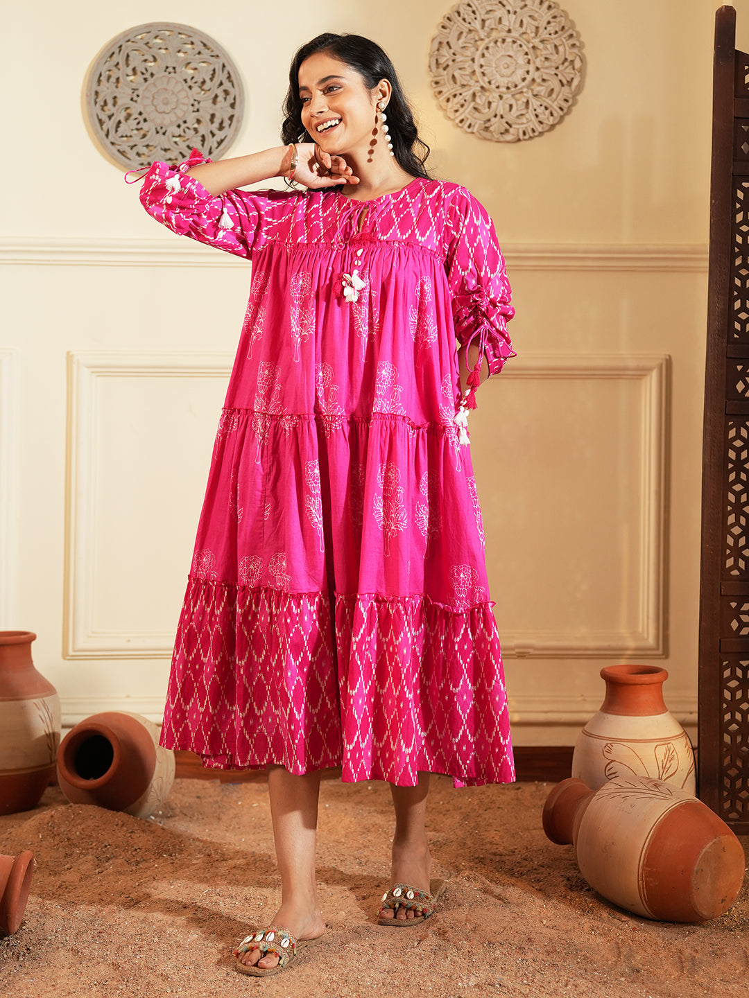 Fuchsia Pink Layered Cotton Dress