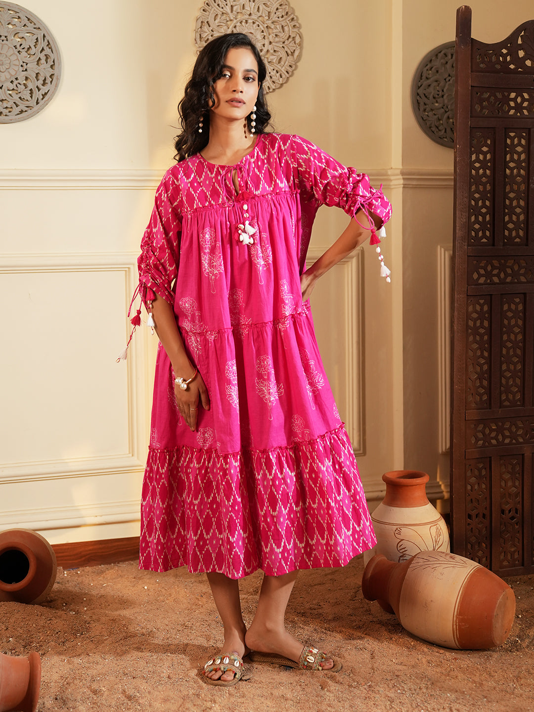Fuchsia Pink Layered Cotton Dress