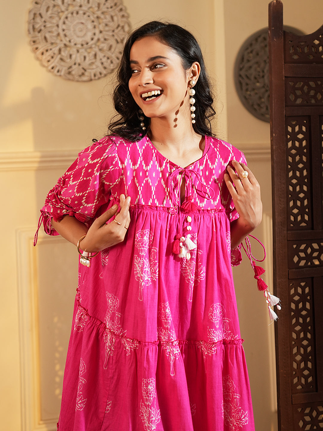 Fuchsia Pink Layered Cotton Dress