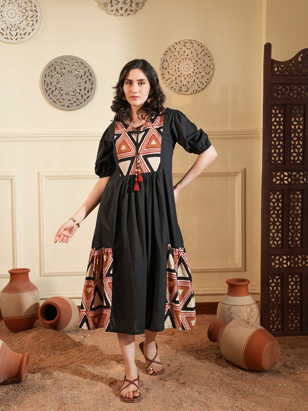Black Cotton A-Line Ethnic Dress with Printed Panels