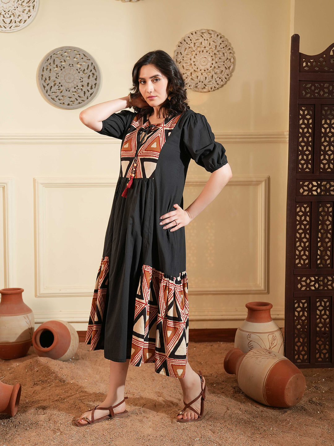 Black Cotton A-Line Ethnic Dress with Printed Panels