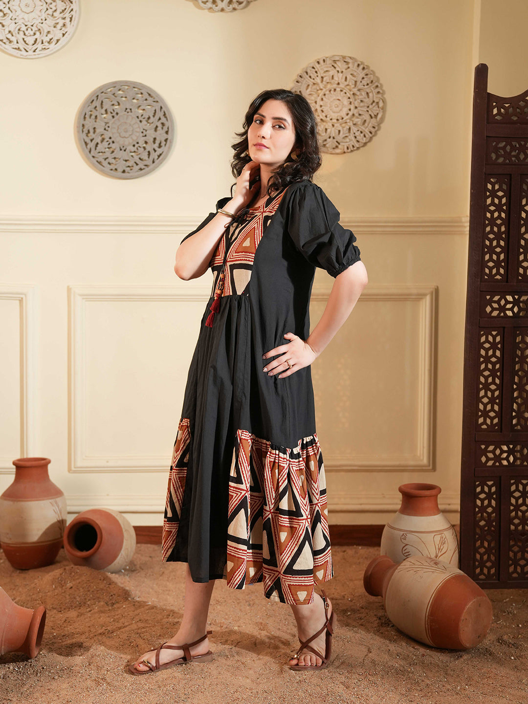 Black Cotton A-Line Ethnic Dress with Printed Panels
