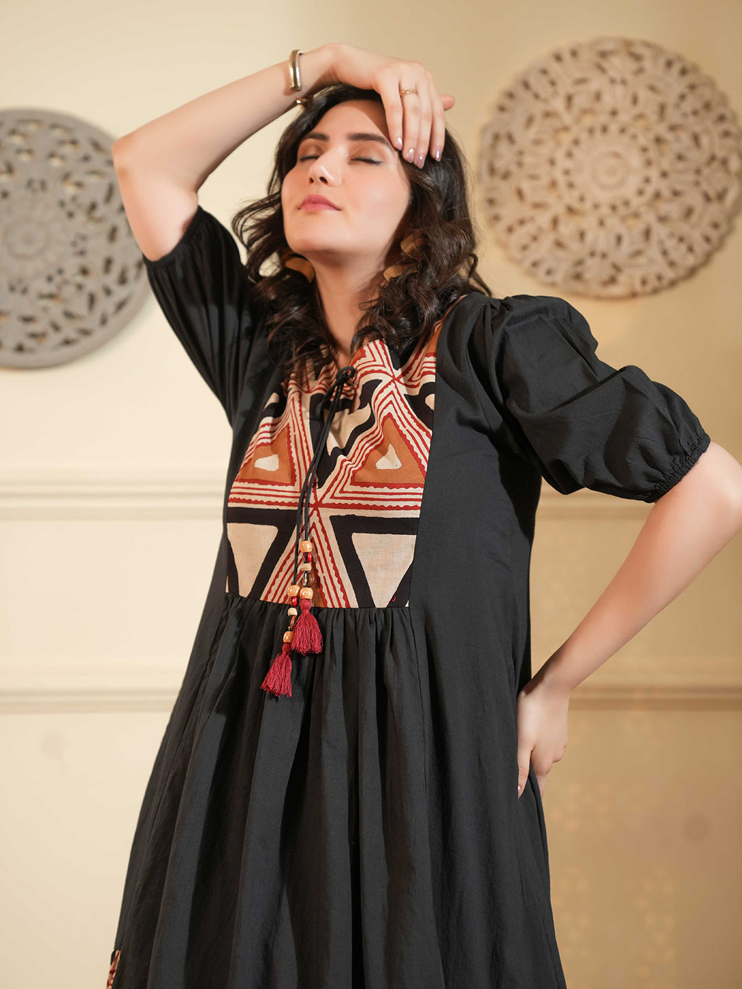 Black Cotton A-Line Ethnic Dress with Printed Panels