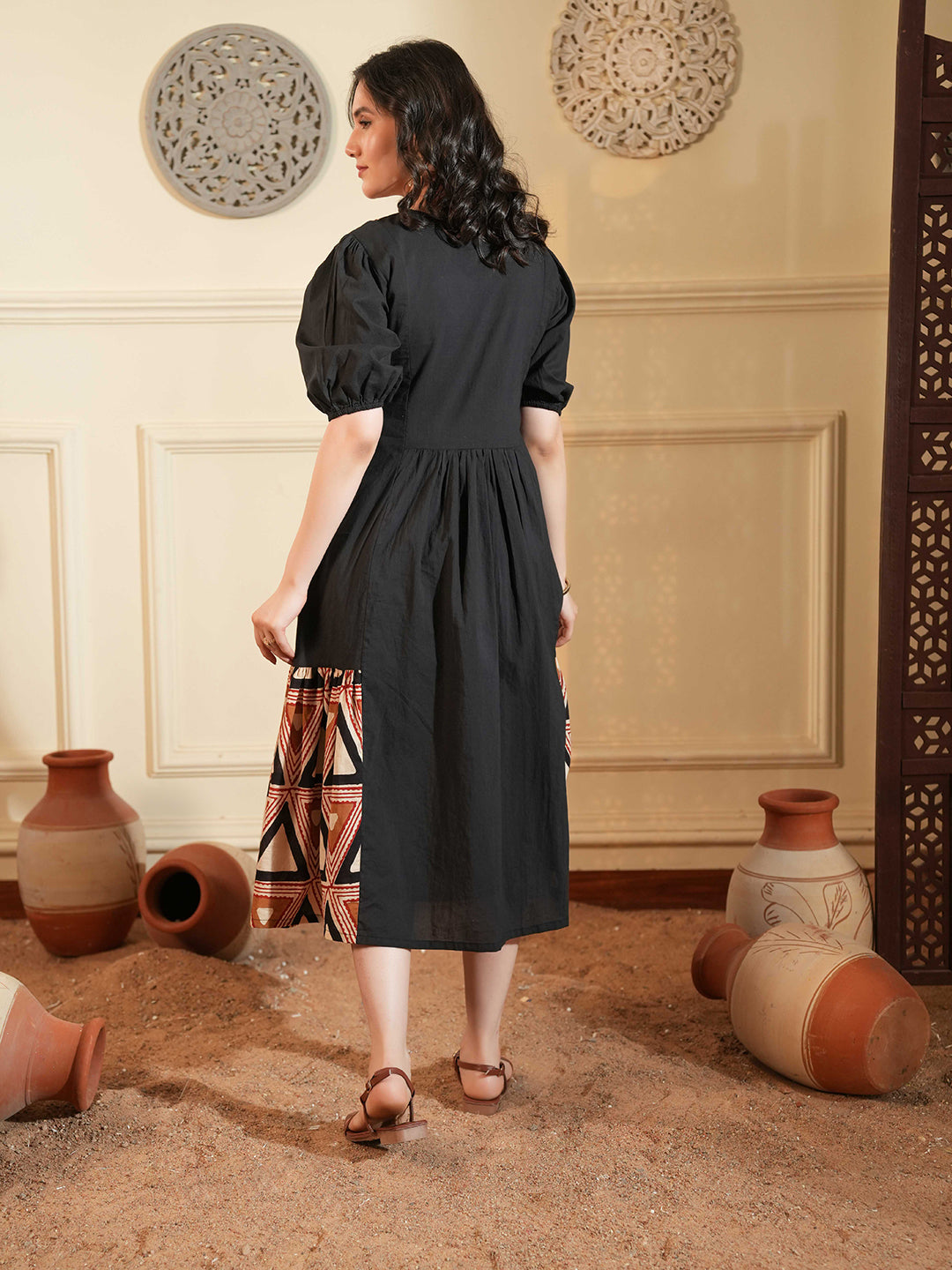 Black Cotton A-Line Ethnic Dress with Printed Panels