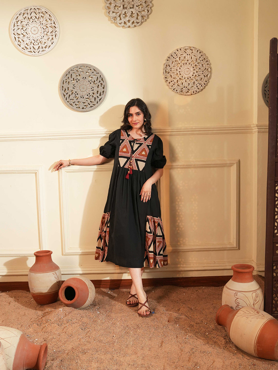 Black Cotton A-Line Ethnic Dress with Printed Panels