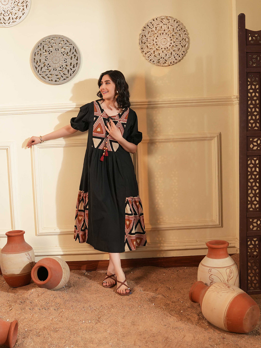 Black Cotton A-Line Ethnic Dress with Printed Panels