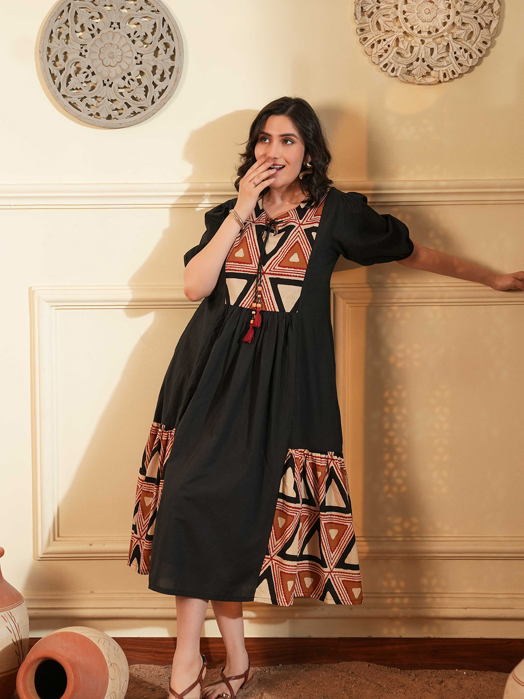 Black Cotton A-Line Ethnic Dress with Printed Panels