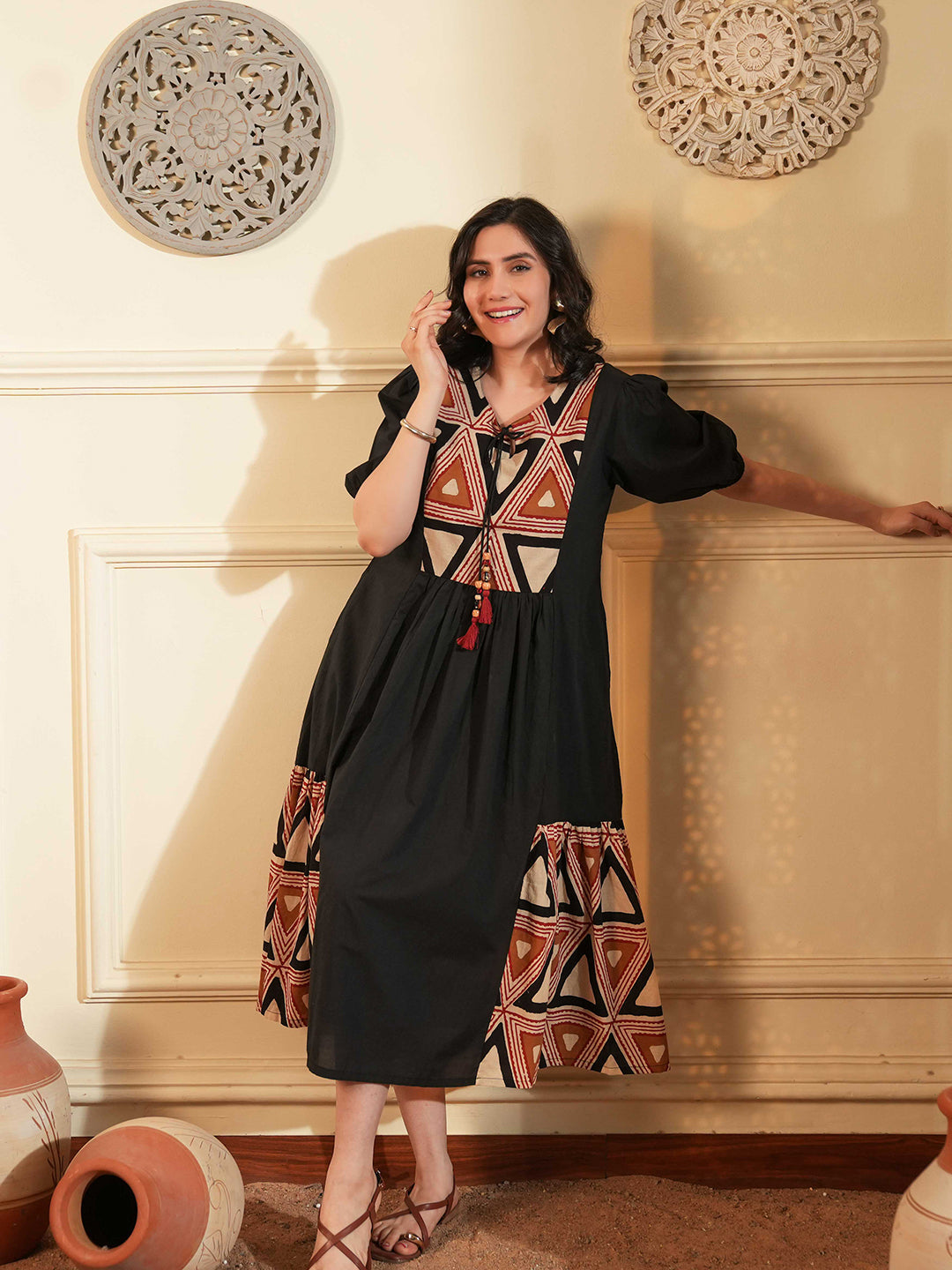 Black Cotton A-Line Ethnic Dress with Printed Panels