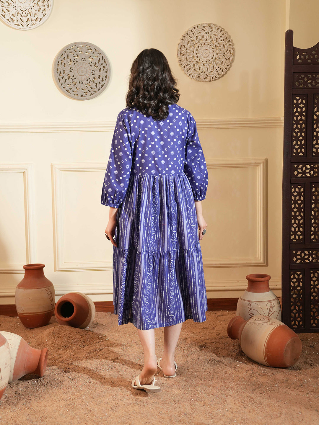 Blue Cotton A-Line Ethnic Dress with V-Neck