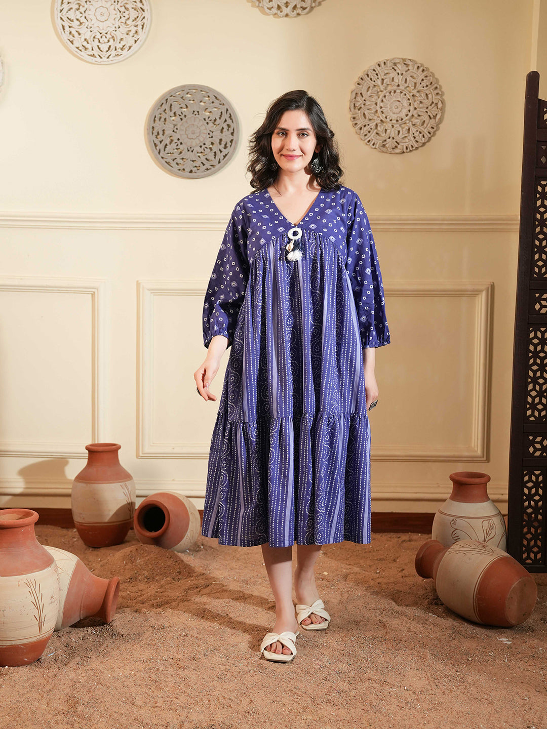 Blue Cotton A-Line Ethnic Dress with V-Neck