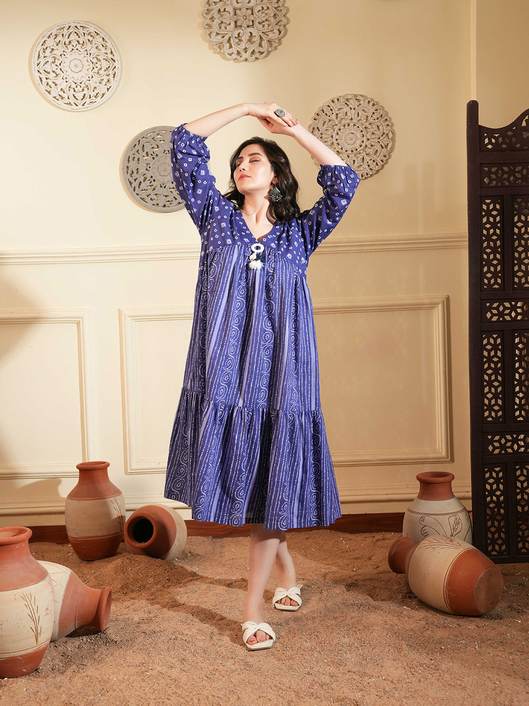 Blue Cotton A-Line Ethnic Dress with V-Neck