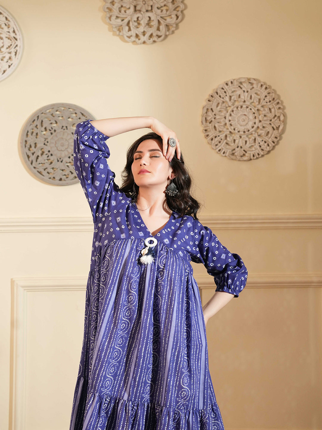 Blue Cotton A-Line Ethnic Dress with V-Neck