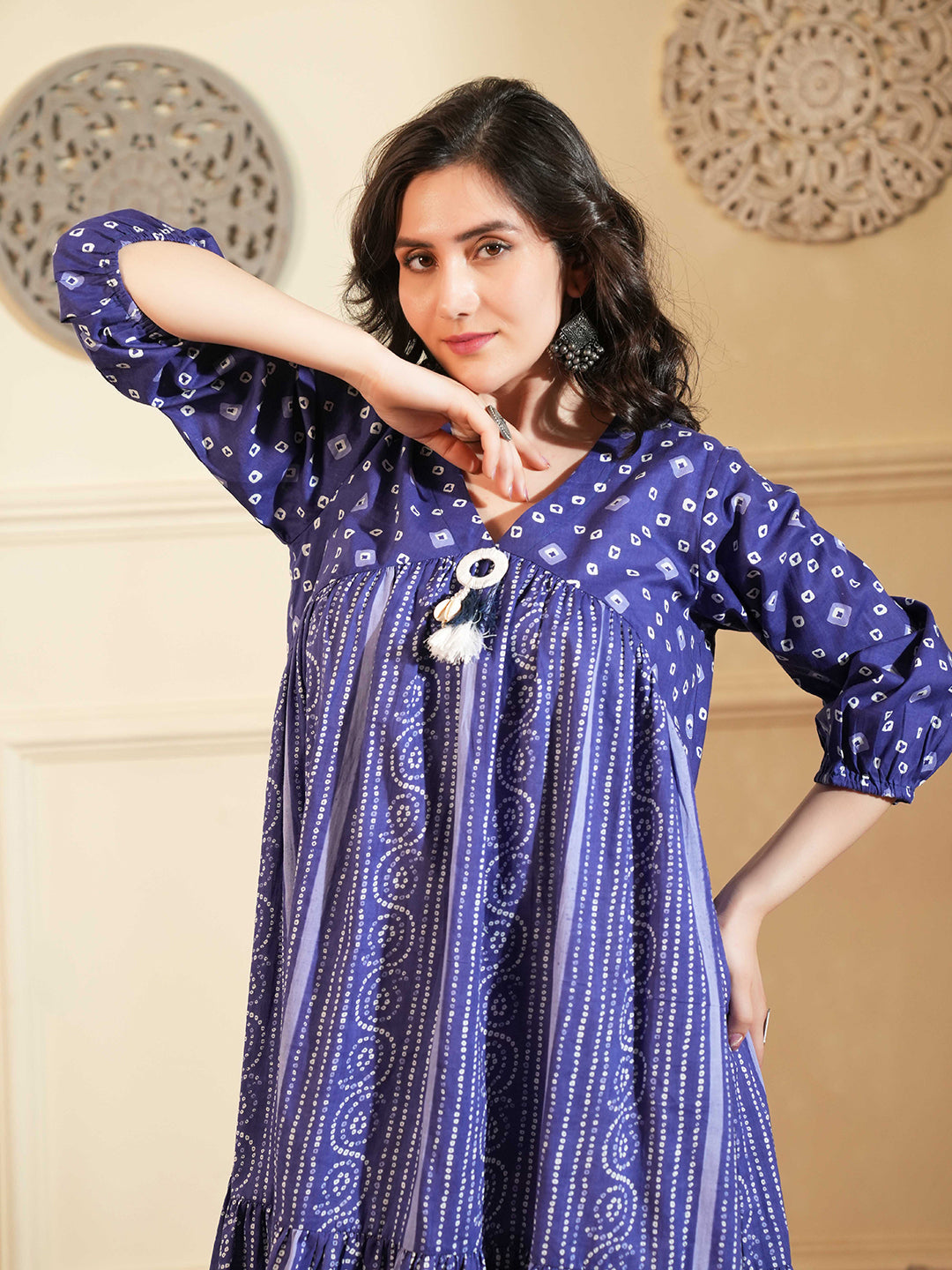 Blue Cotton A-Line Ethnic Dress with V-Neck