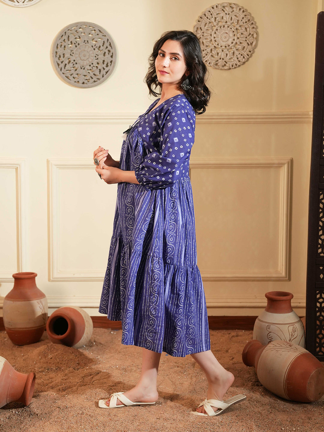 Blue Cotton A-Line Ethnic Dress with V-Neck