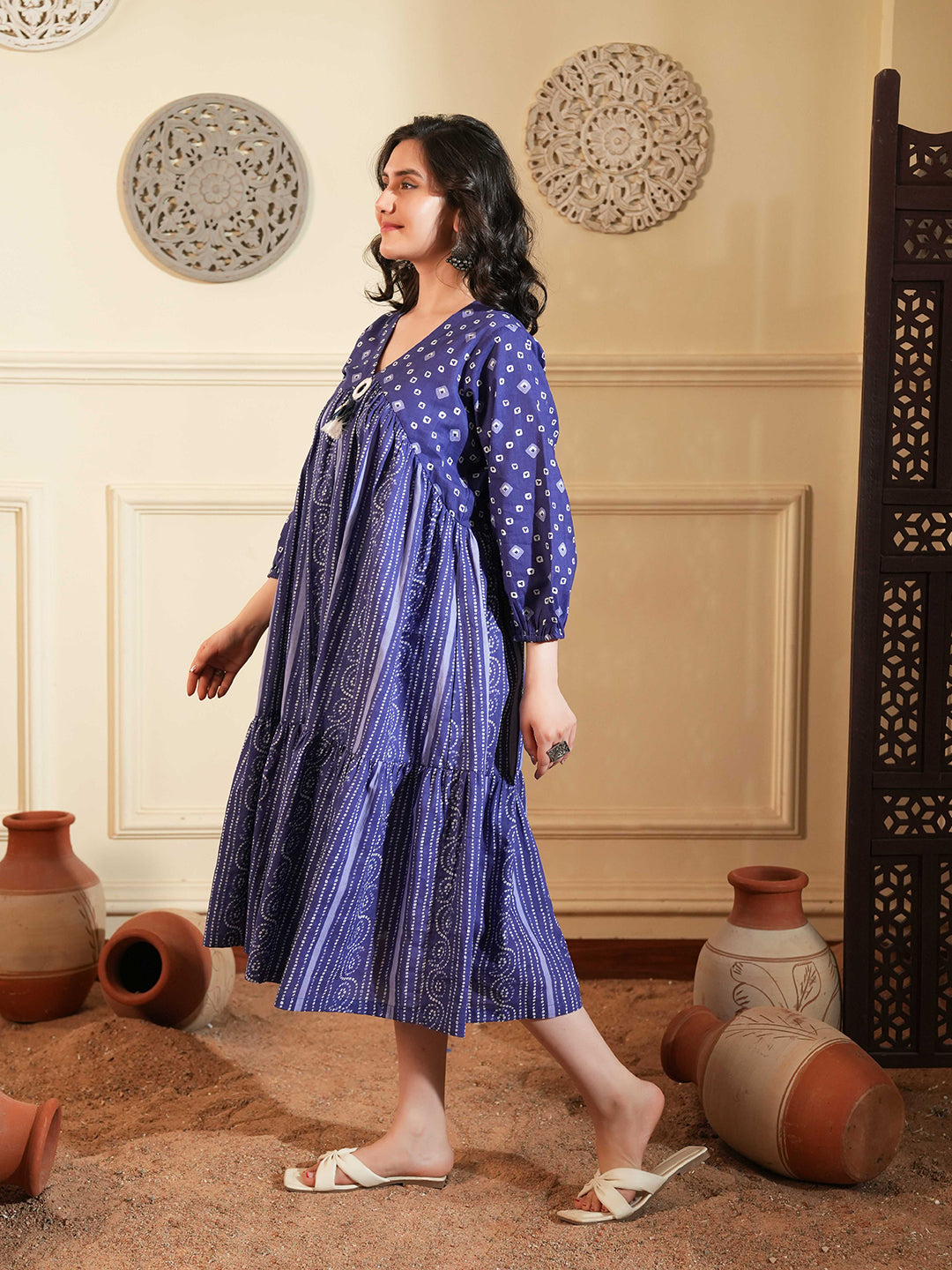 Blue Cotton A-Line Ethnic Dress with V-Neck