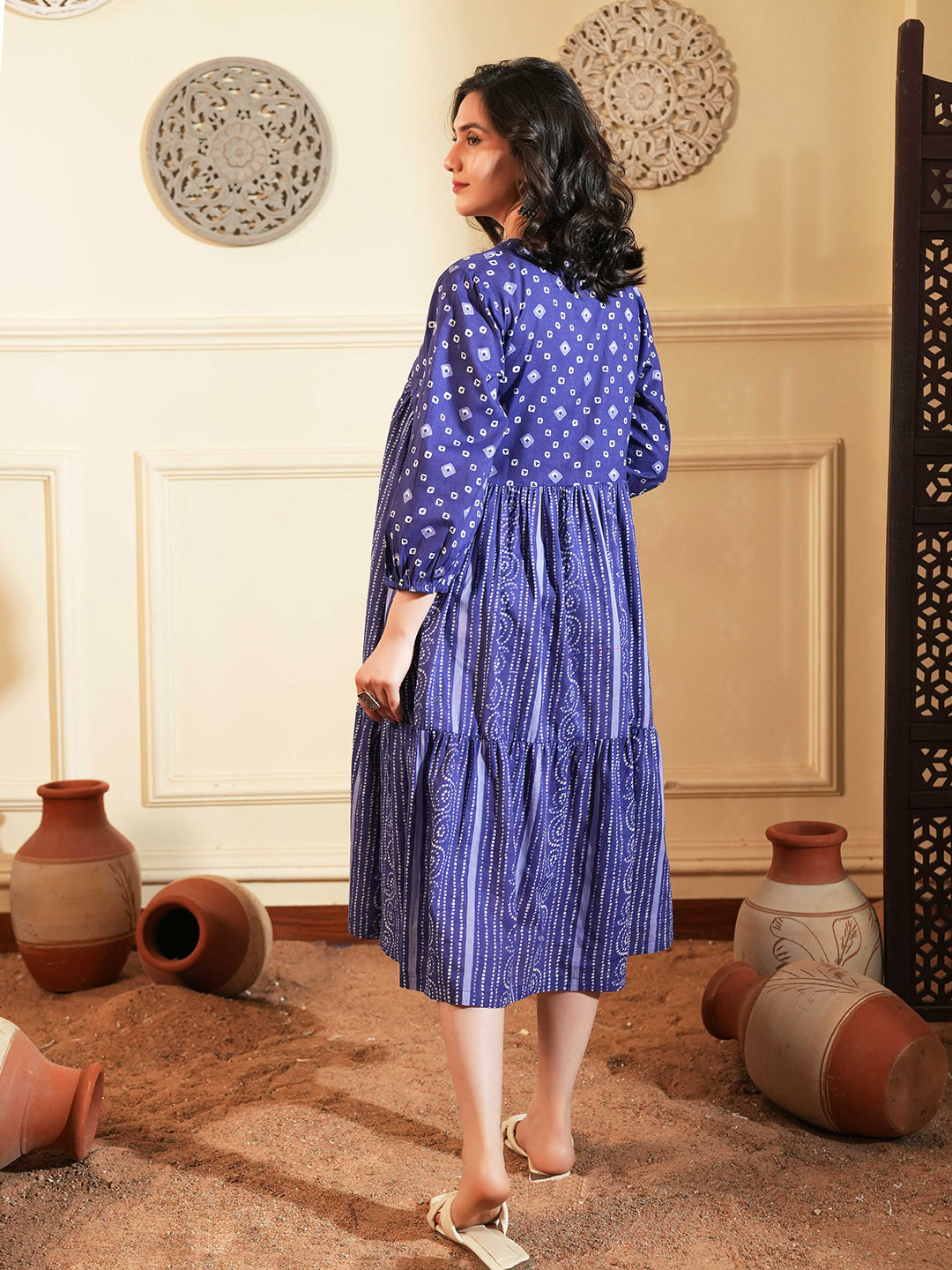 Blue Cotton A-Line Ethnic Dress with V-Neck