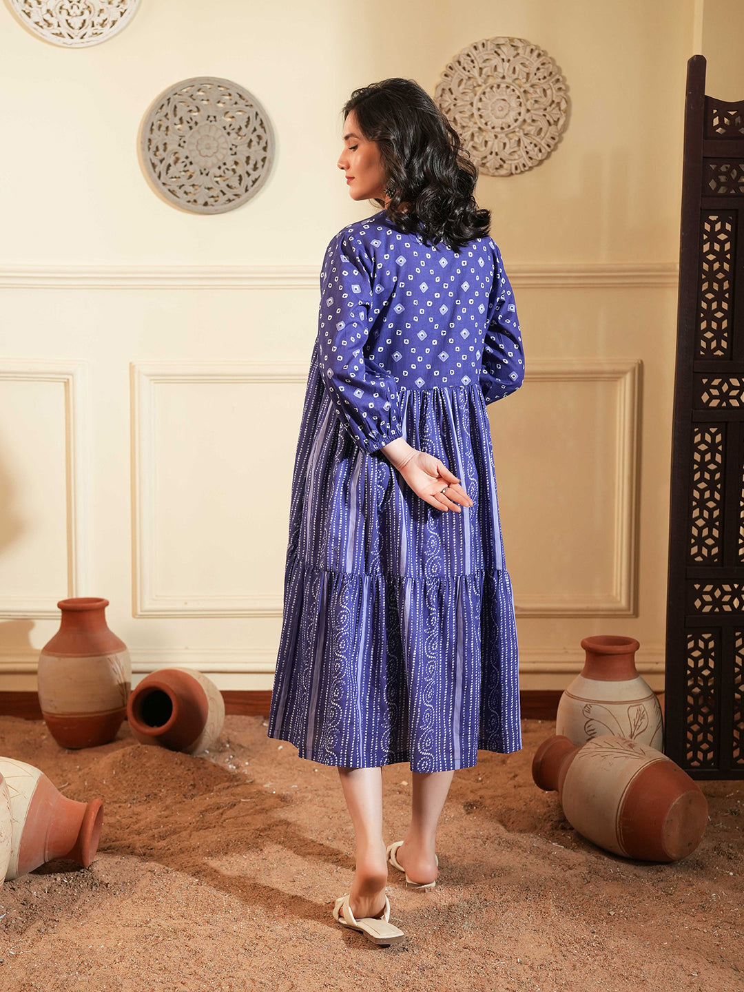 Blue Cotton A-Line Ethnic Dress with V-Neck