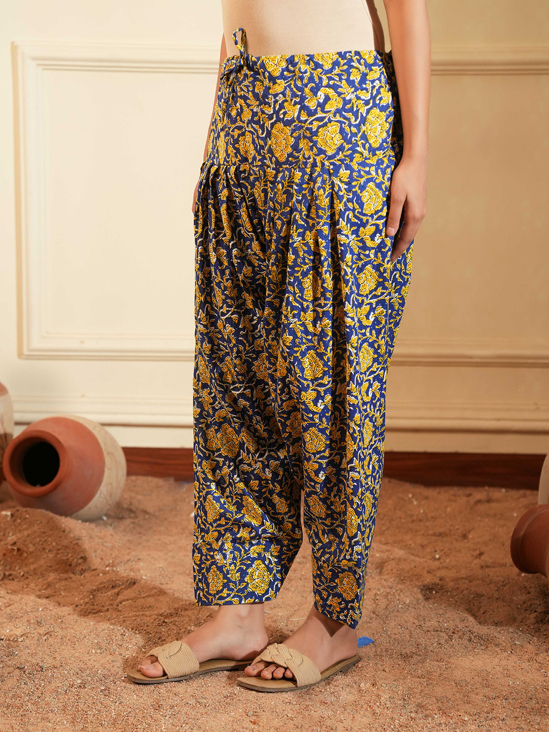 Blue Cotton A-Line Co-ord Set with Printed Pants