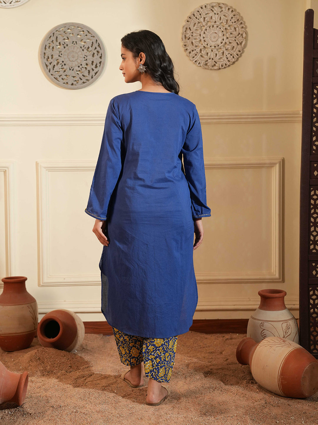 Blue Cotton A-Line Co-ord Set with Printed Pants