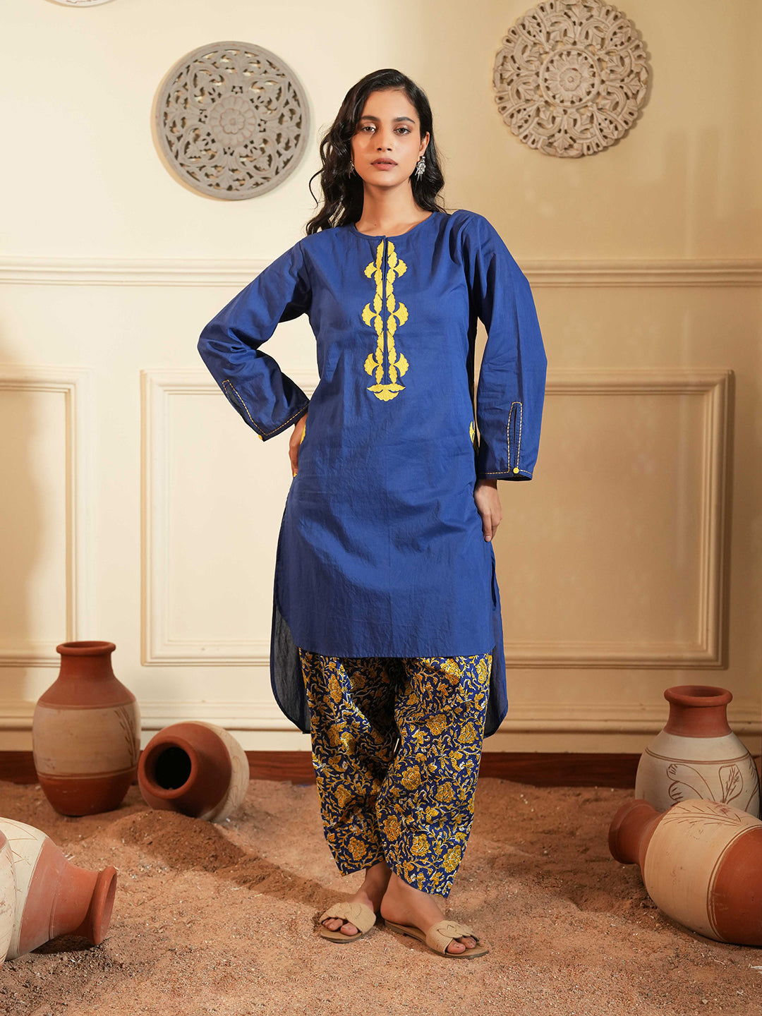 Blue Cotton A-Line Co-ord Set with Printed Pants
