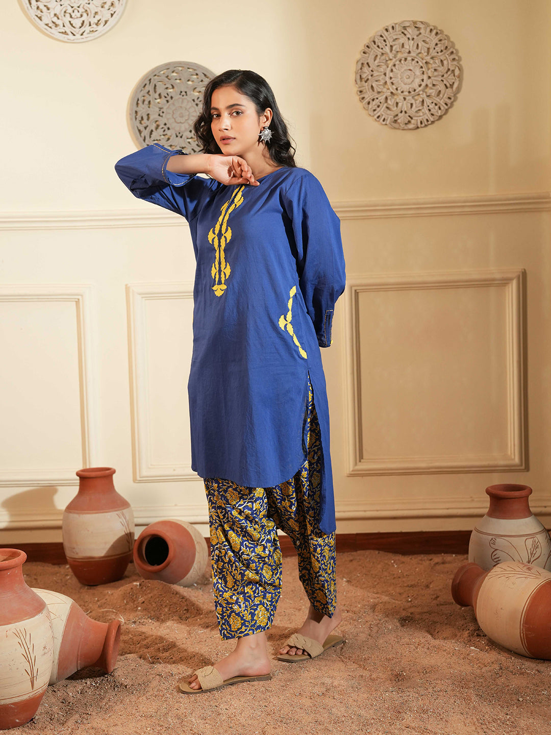 Blue Cotton A-Line Kurta Set with Printed Pants