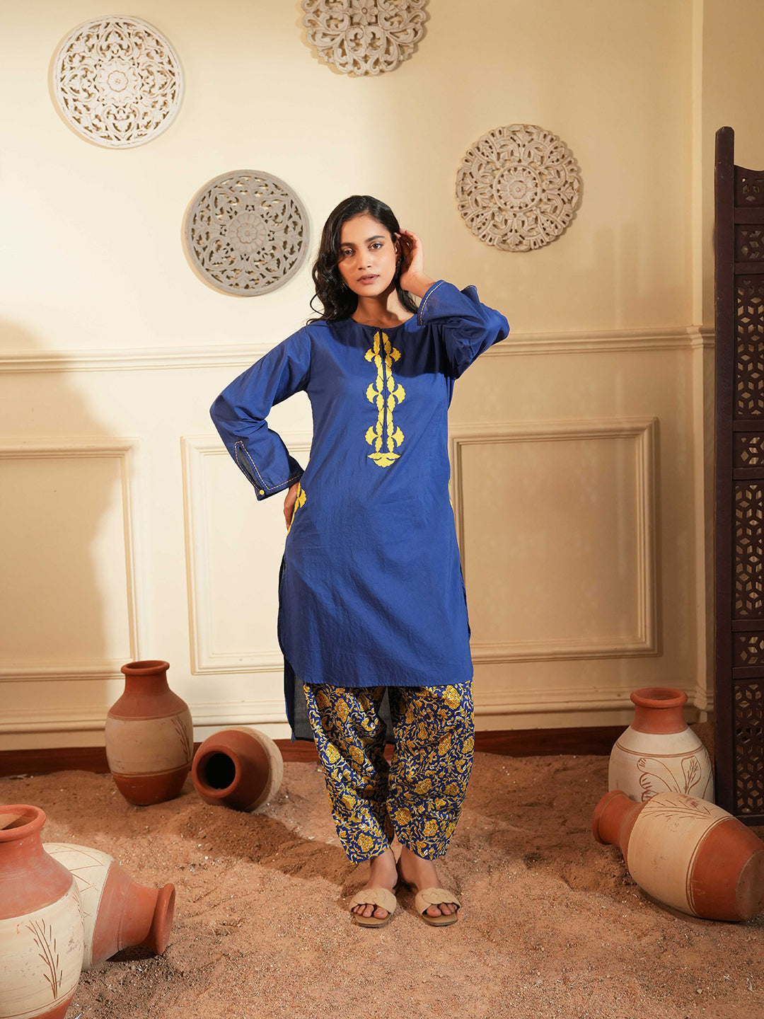 Blue Cotton A-Line Kurta Set with Printed Pants