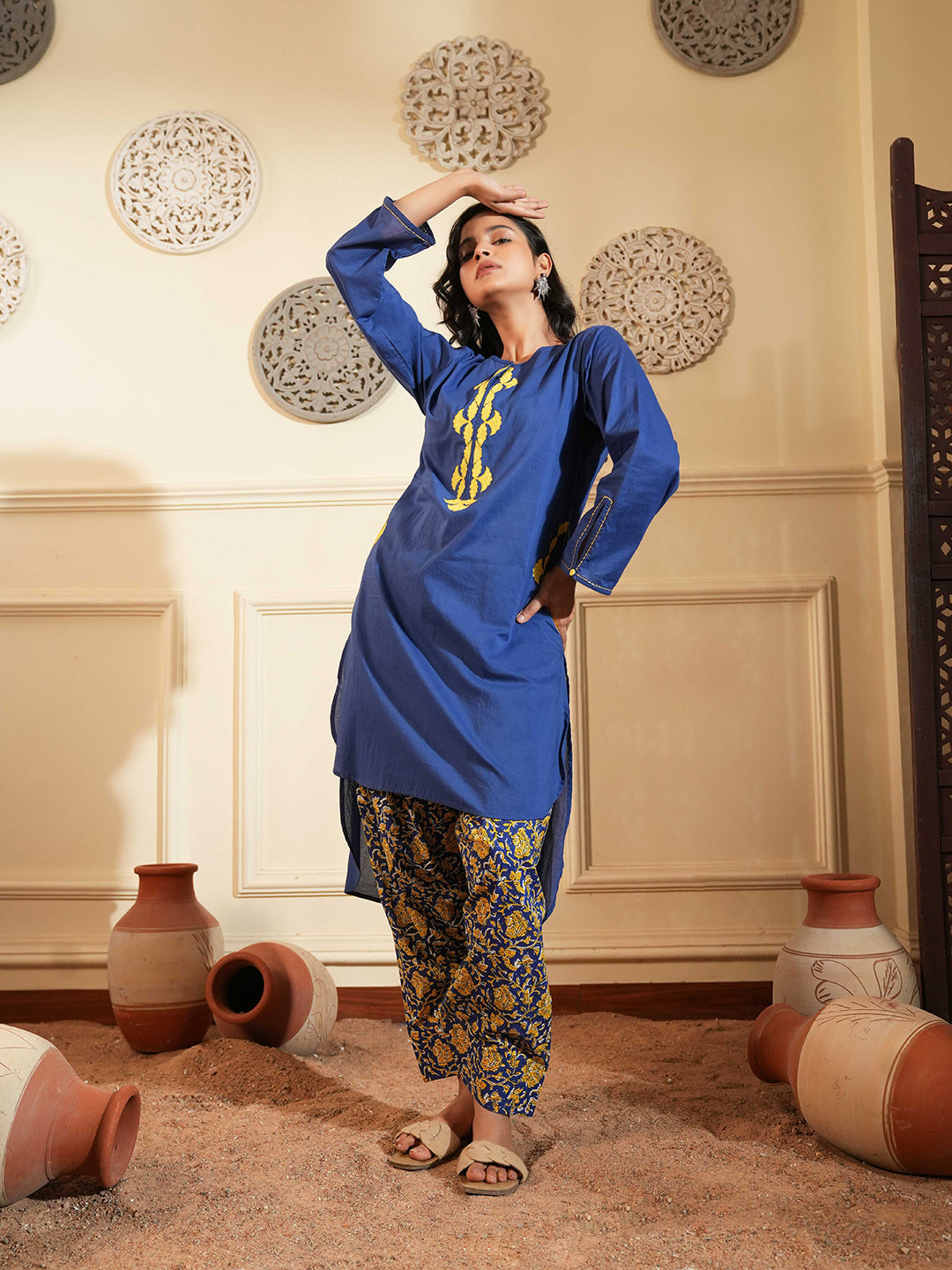Blue Cotton A-Line Co-ord Set with Printed Pants