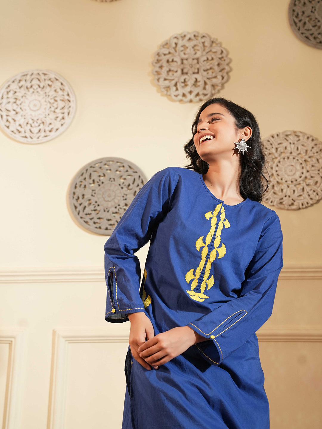 Blue Cotton A-Line Co-ord Set with Printed Pants