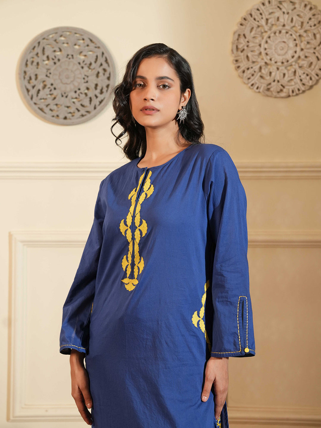 Blue Cotton A-Line Kurta Set with Printed Pants