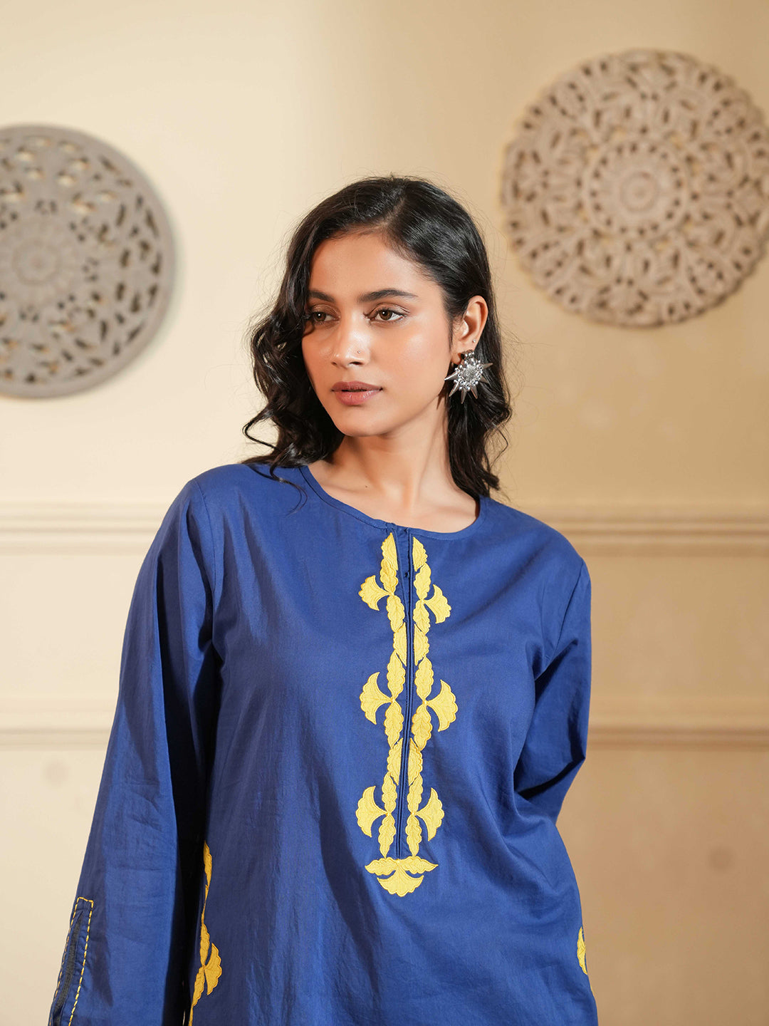 Blue Cotton A-Line Kurta Set with Printed Pants